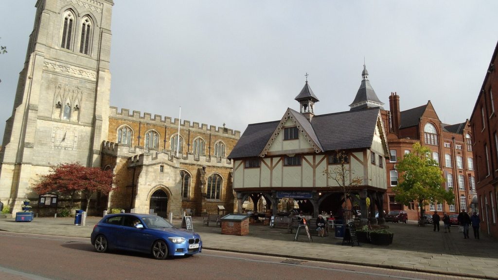 St Dionysius Church and the timber-framed Old Grammar School on Church Square in Market Harborough